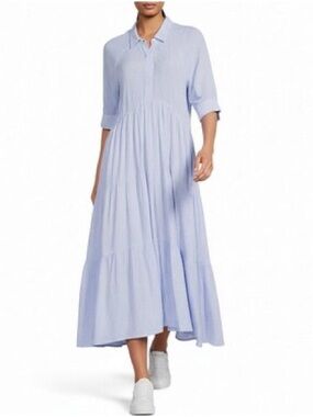 A Loves A Pinstripe Button Point Collar 3/4 Cuff sleeve tiered waistless midi